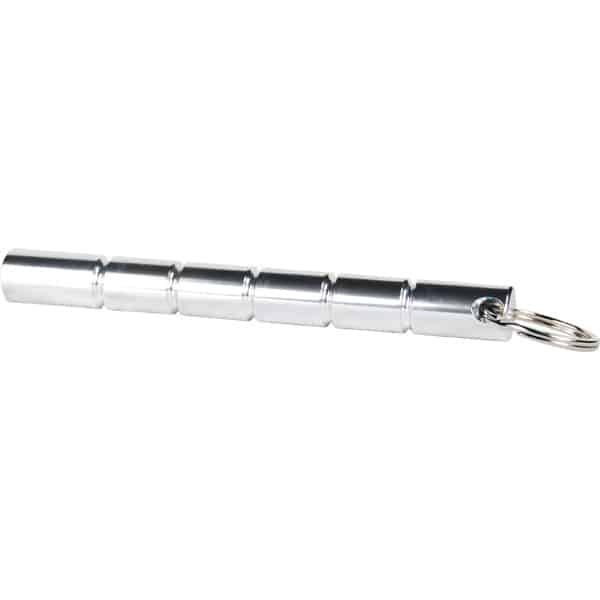 Silver Kubotan aluminum self defense keychain lying horizontally.