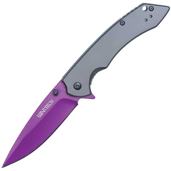 Assisted Open Pocket Knife with Grey handle and Purple Blade