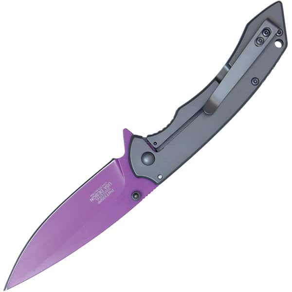 Assisted Open Pocket Knife with Grey handle and Purple Blade - Image 2