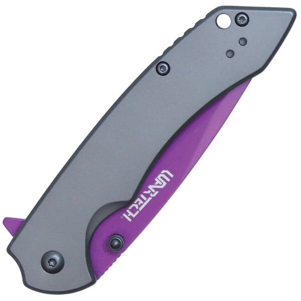Assisted Open Pocket Knife with Grey handle and Purple Blade - Image 3