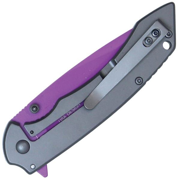 Assisted Open Pocket Knife with Grey handle and Purple Blade - Image 4